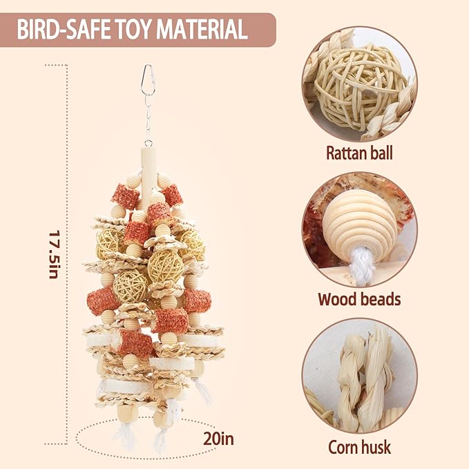 Bird Toys that is 17.5 Inches in Length, Parrot Toy Designed for Chewing Features Natural Corn cob and Loofah Slices, Can Be Hung in Large and Medium-Sized Parrot Cages