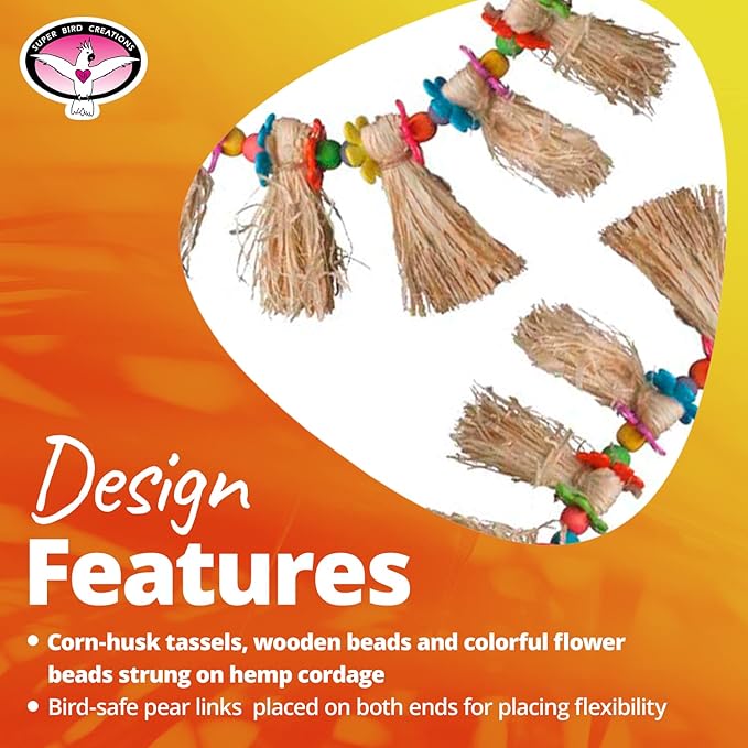 Super Bird Creations SB1094 Hula Skirt Bird Toy - Engaging Natural Bird Play - Ideal for Cockatiels Parakeets Parrots - Durable Enrichment Toy for Birds - Bird Size Small/Medium - 14" x 3" x 1.5"