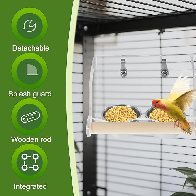Bird Feeder for Cage,Transparent Parrot Feeder with Nonslip Wood Perch, Stainless Steel Birds Food Bowl Water Bowl, Bird Cage Seed Catcher for Small Medium Parakeet Cockatoos Lovebirds Budgies Conures