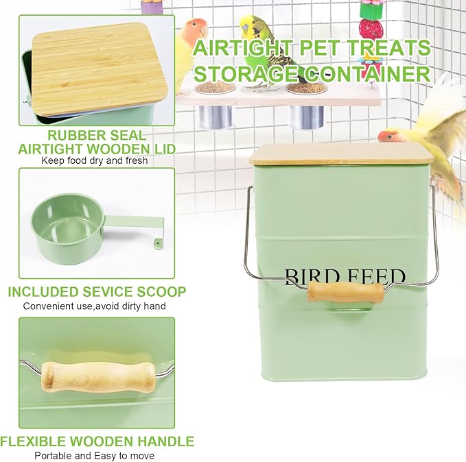 Metal Bird Seeds storage container,Outdoor Bird Container Canister, Pet Food Bin with Wooden Lid/Handle/Food scoop,hold 5-6 Lbs of Wild Bird Seed Sunflower Seed-Preventing Squirrels-Green