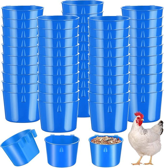 Sumind 60 Pcs Cage Cups Chicken Feeder Birds Hanging Feeders Seed Bowl 8 oz Plastic Water Bowl Hanging Chicken Gamefowl Waterer Feeding Watering Dish Coop Cups for Parrot Parakeet Poultry(Blue)