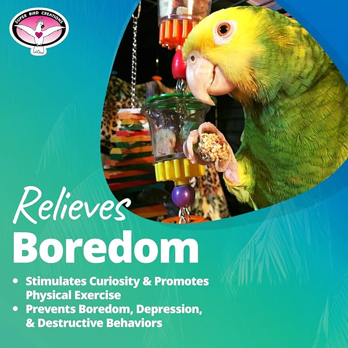 Super Bird Creations SB632 Foraging Bottom’s Up Bird Toy with Clear Acrylic Cups, Medium/Large Bird Size, 18” x 2.5”