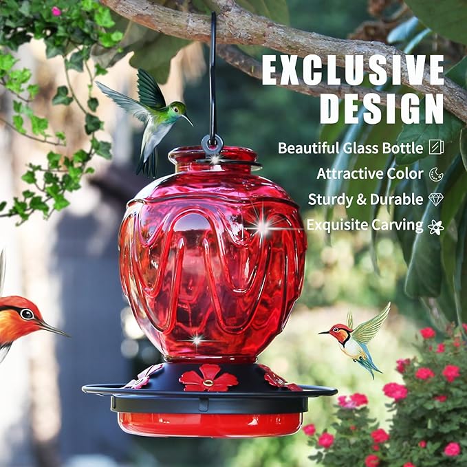 MCHBF Glass Humming Bird Feeders for Outdoor Hanging,Red 24oz and 25oz