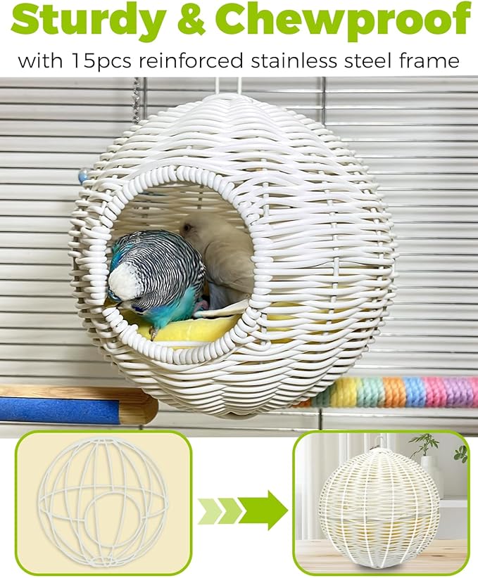 Chewproof Steel Frame Bird Nest for Cage, Washable Small Bird Bed Hammock Hideout Lay Eggs Parakeet Nest Sleep, Parakeet Warm Bed House Hut for Lovebird, Canary, Budgie