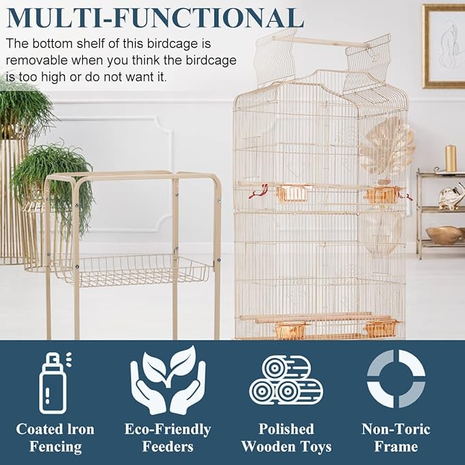 Bird Cages for Parakeets Cockatiels Lovebirds Macaw Conure, Large 64 Inch Open Top Parakeet Cage with Stand & Storage Shelf, White Wrought Iron Flight, Almond