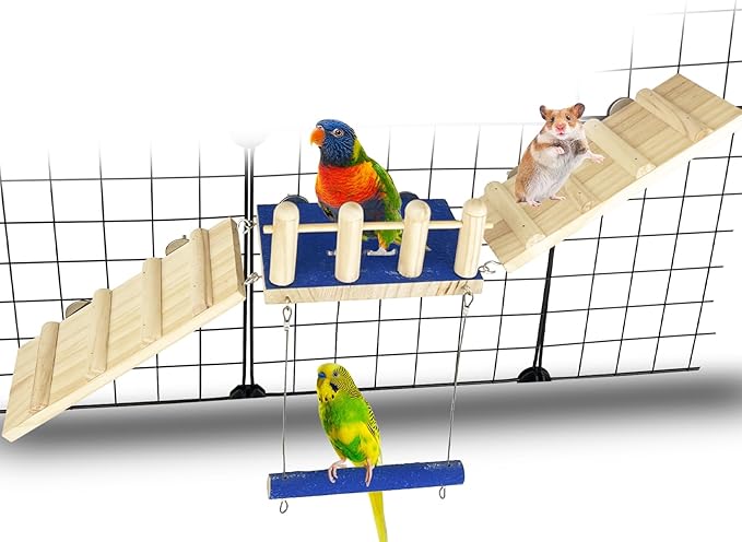 FlidRunest Bird Toy, Parrot Perch Platform with Swing and Ladder, Bird Perch Paw Grinding Rough-surfaced, Wooden Climbing Exercise Stands for Parakeet, Parrot, Lovebird, Cockatiel, Hamster