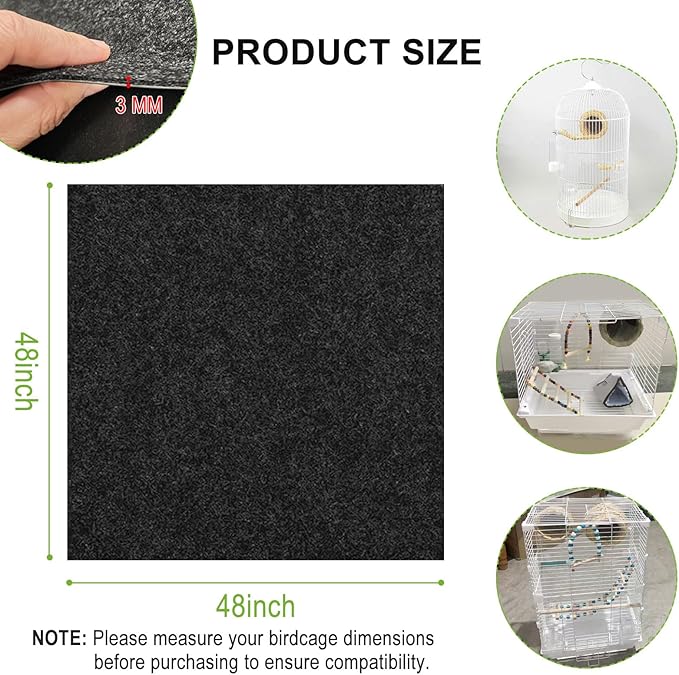 48 x 48 Inch Bird Cage Mat: 3 MM Thick Durable Felt Pad for Pets, Under Cage Liner Accessory for Bird or Rabbit or Hammock or Small Pets