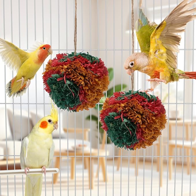 Hypeety 4” Colorful Shredding Ball Bird Toys for Parrots Funny Crinkles Foraging Toys for Birds Easy to Hang Natural Shredder Ball Chew Toys for Cockatiels Conures Parakeets Budgies (2 Packs)