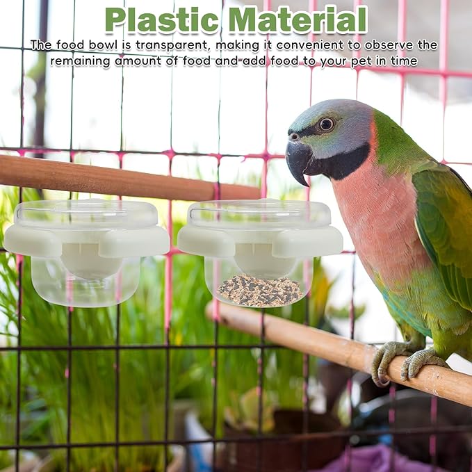 PINVNBY 4 PCS Bird Food Bowl Bird Cage Feeder with Clamp, Easy to Install Feeding Dish Cups Transparency Parakeet Food Dish for Finches Lovebirds and Long-Tailed Parrots （White）