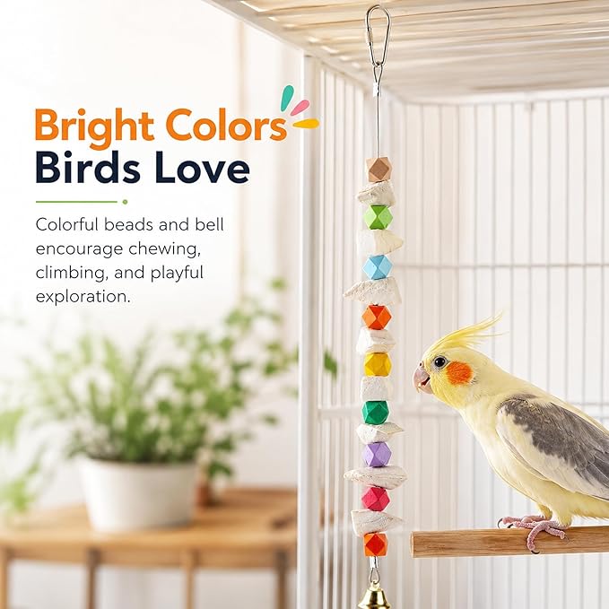 2 Pack Bird Toys with Cuttlebone, Parakeet Toys for Cage, Beak Grinding Stone and Cuttlefish Bone Chew Toys for Budgies, Cockatiels, Lovebirds, Green Cheeks, Conures, Small to Medium Birds