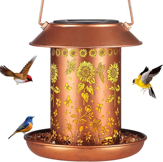 Sunflower Solar Bird Feeder for Outdoors Hanging Solar Lanterns Waterproof Metal Wild Bird Feeders Garden Outside Yard Decor Christmas Birthday Gifts for Women Mom (Butterfly