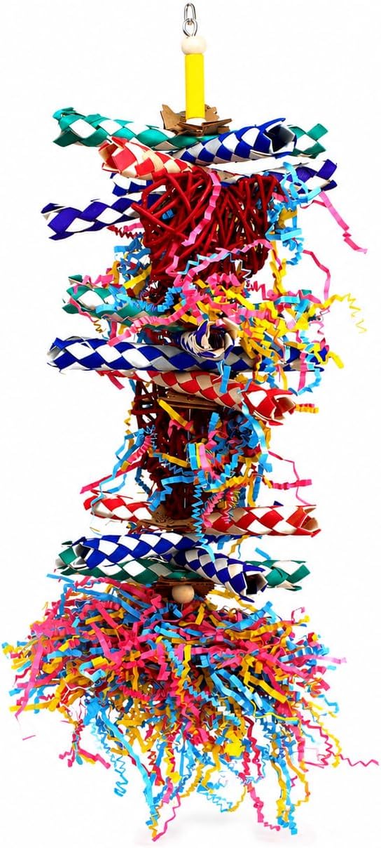Bonka Bird Toys 1042 Huo Foraging Hearts Bird Toy for Medium Large Birds Interactive Shredding and Chewing Cage Toy Colorful Palm Leaf and Paper Enrichment Toy 12.5"
