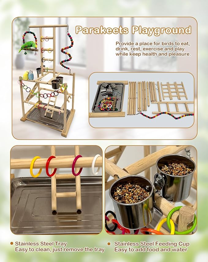 Bird Play Stand, Large Parakeet Playground, Natural Wood Parrot Perch Stand, Birds Play Gym Cockatoos Cage Accessories with Feeder Cups Swings for Cockatiel Budgie Conure
