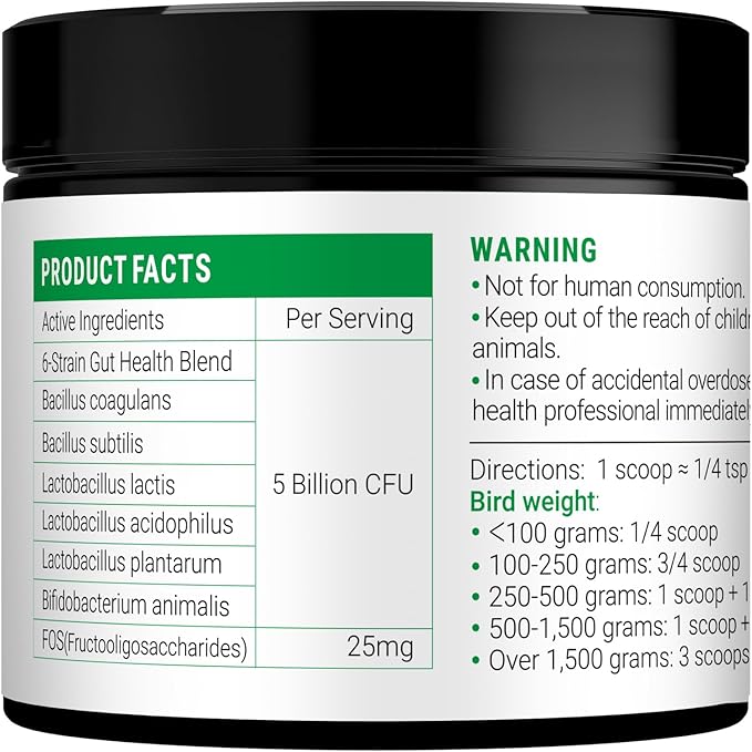 Avian Probiotics for Birds & Parrots – Digestive & Gut Health Support Powder with Prebiotics (FOS), 6-Strain Formula for Parrots & Pet Birds (120 Servings)