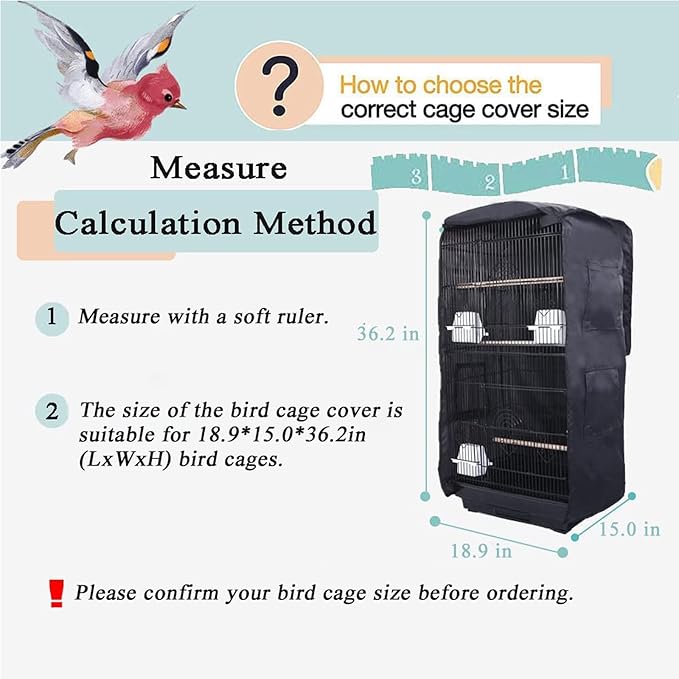 Bird Cage Cover Good Night Birdcage Cover Universal Blackout Bird Parrot Cage Cover Durable Washable for Parakeets Lovebirds Budgies Macaw Conure Square Cages - Black