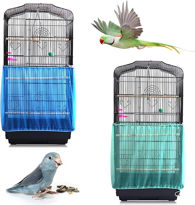 Daoeny 2Pcs Universal Bird Cage Cover, Adjustable Seed Feather Catcher, Soft Airy Nylon Mesh Parrot Net, Birdcage Cover Skirt Sheer Guard for Round Square Cages (Green+ Blue)