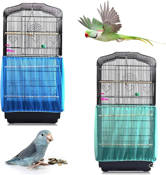 Daoeny 2Pcs Universal Bird Cage Cover, Adjustable Seed Feather Catcher, Soft Airy Nylon Mesh Parrot Net, Birdcage Cover Skirt Sheer Guard for Round Square Cages (Green+ Blue)
