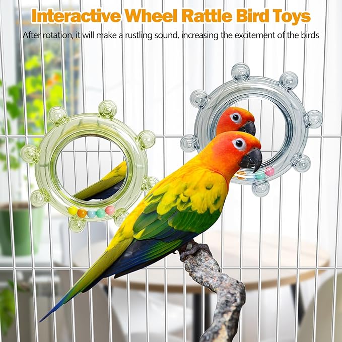 Hamiledyi Bird Rotating Toys with Mirror Interactive Spinner Rattle Parrot Toy Birds Chewing Toy Parakeet Cage Accessories for Entertainment Suitable for Conure Cockatiel Lovebird(Blue and Green,2PCS)