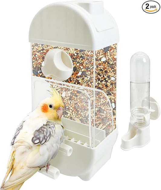 Tfwadmx No Mess Automatic Bird Feeder for Cage Transparent Food Container Parrot Water Dispenser Cage Accessories for Cockatiels, Finches, Budgies Canaries (White)