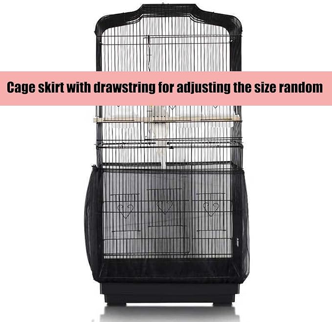 Bird Cage Seed Catcher, Large Bird Cage Cover, 75-118'' Universal Adjustable Birdcage Cover Skirt Soft Airy Nylon Mesh Net for Parakeet Macaw African Round Square Cage, Black