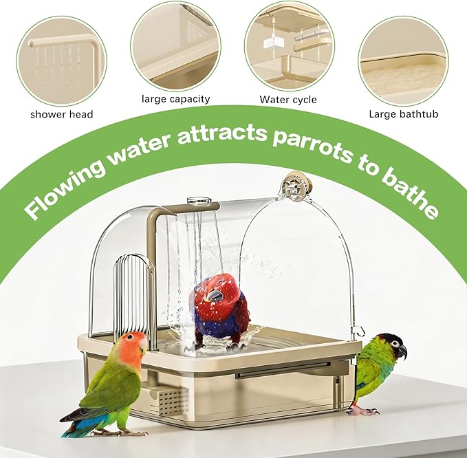 Parrot Bathtub, Bird Bath, Automatic Parrot Shower Bath with Pump, Birds Shower Bathtub with Running Water, Large-Capacity Water Tank for Pet Birds, Cockatiel, Conure, Budgie, Lovebird (Green)