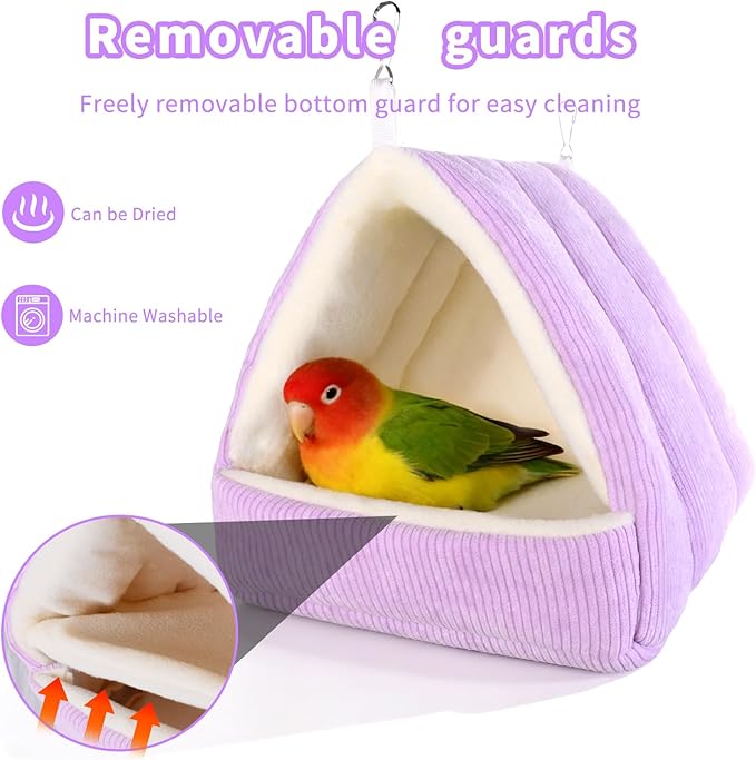 Winter Warm Bird Bed for Cage with Soft Plush Hanging Hammock & Hut Tent, Hideaway Sleeping Nest for Budgies, Cockatiels, Small Animals, and Guinea Pig Hideouts (Purple, S)