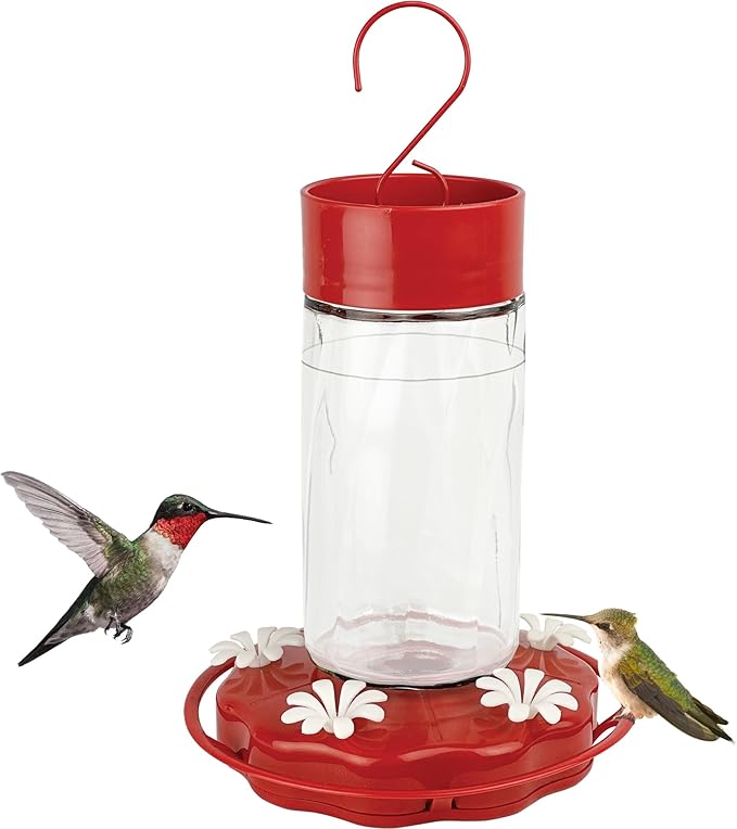 Nature's Way Hanging Glass Hummingbird Feeder for Outdoor Décor, 20 Ounce Capacity Nectar Feeder, Ant Moat, 5 Easy to Clean Flexible Ports, Red