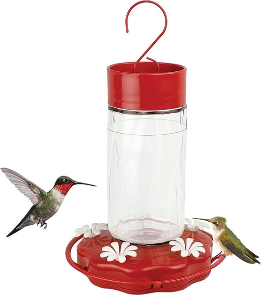 Nature's Way Hanging Glass Hummingbird Feeder for Outdoor Décor, 20 Ounce Capacity Nectar Feeder, Ant Moat, 5 Easy to Clean Flexible Ports, Red