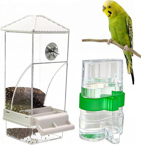 No Mess Bird Feeder, Automatic No-Spill Transparent Bird Feeder Acrylic Parakeet Food Dispenser Cage Accessories for Parakeet Lovebirds Cockatoo Budgie (White)