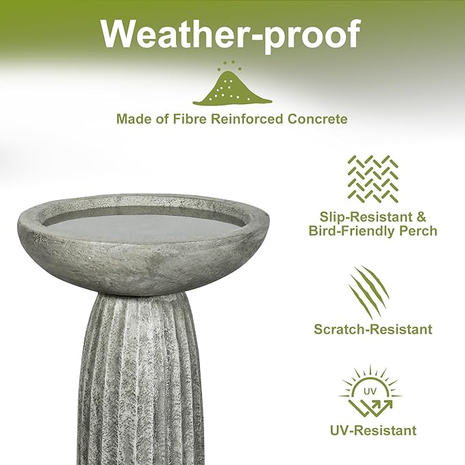 SKYFIRE 24.4" Pedestal Bird Bath for Outdoor, Geometric Fluted Concrete Birdbath with Tree Trunk Decor, Durable Fibre Reinforced Birdbath for Garden, Patio, Lawn & Backyard