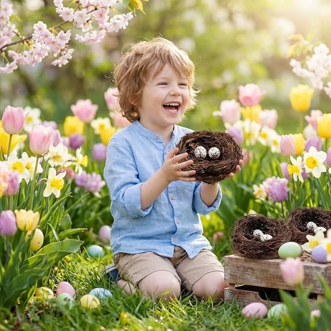 Whaline 3 Set Easter Bird Nest Decoration Kit with 6 Artificial Egg Foam Eggs Ornaments Rattan Woven Birds Nest for Crafts Home Spring Party Decor