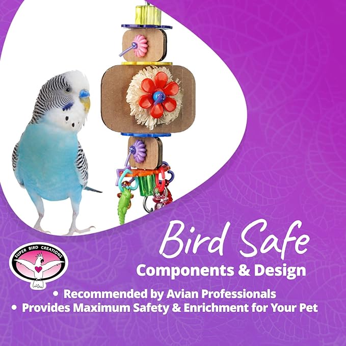 Super Bird Creations SB1090 Nibbles 'N Chips Bird Toy - Interactive Chew & Preening for Small to Medium Birds - Parrotlets Parakeets Cockatiel - Colorful Beads Chips & Corn Husk Chews - 8.5"x3"x1.5"
