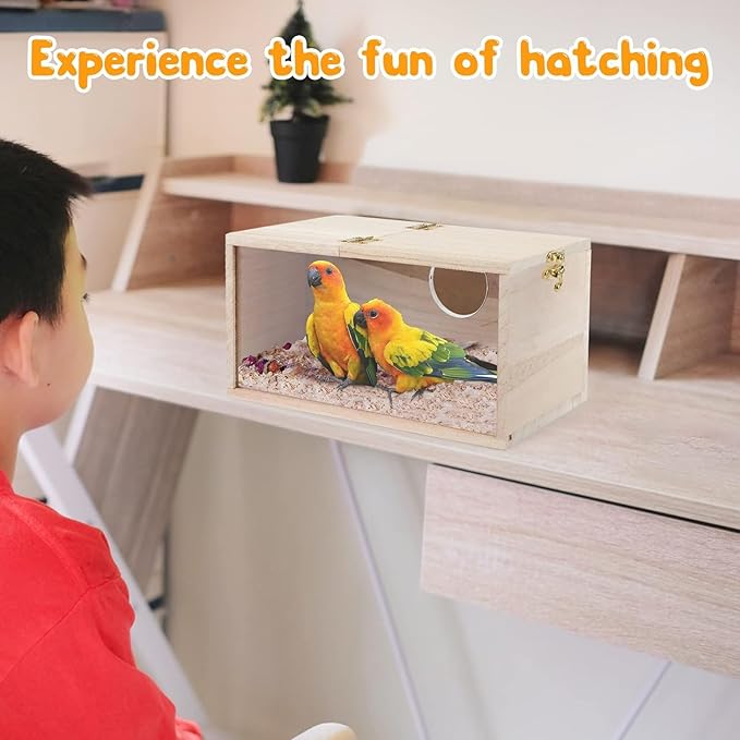 Natural Wood Nesting Box for Parakeet Birds Transparent Design Breeding Box with Perch Wood Bird Cage House for Cockatiel Lovebirds Budgie Finch Parrotlets Canary (Medium)