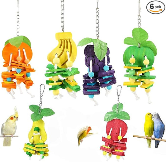 Natural Wood Parrot Toys Set of 6 Pieces for Small to Medium Parrots, Safe and Durable Bird Chew Toys, Fun and Colorful Hanging Accessories for Cage, Non-Toxic and Eco-Friendly Avian Toys