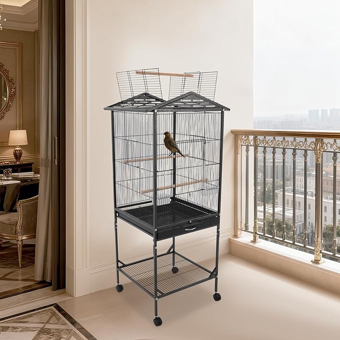 Extra Large Bird Cage 54Inch Wrought Iron Bird Cage with Rolling Stand Metal Parrot Cage with Open Play Top Perch Stand for Conures Lovebirds Cockatiels Finches (Black)
