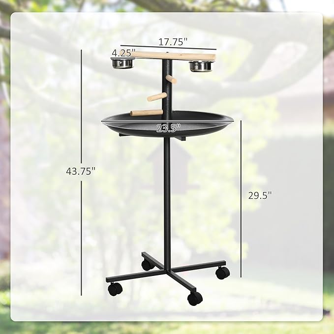 PawHut Bird Play Stand, Portable Parrot Perch, Bird Feeder Station, with Four Wheels, Stainless Steel Feeding Bowls, Round Tray, Grey