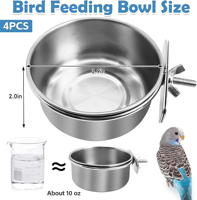 kathson 4 Pack Stainless Steel Bird Bowls, Parrot Feeding Dish Cups with Clamp Holder Bird Feeders Water Cage Bowl for Parakeet Cockatiels Conure Budgies Lovebird Finch and Small Animals