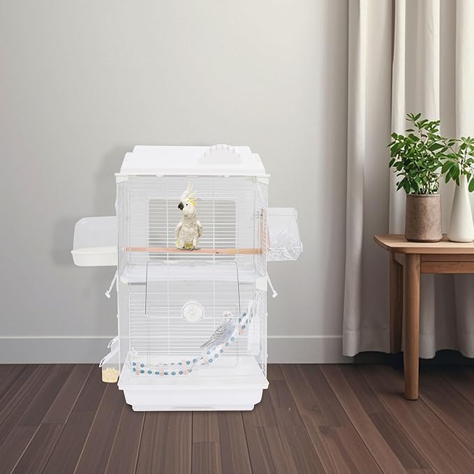 Large Bird Cage, 15.74×11.02×27.95In Wrought Iron Bird Cage, Spacious Flight Cage with Pull-Out Chassis, Modern Pet Habitat for Budgies Canaries and Small Birds (White)