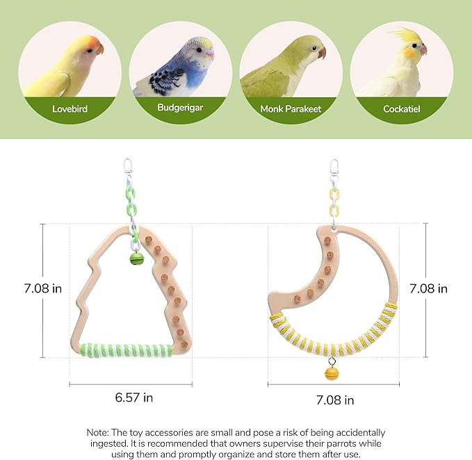 Natural Bird Swing - Moon-Shaped Parrot Perch with Bell and Cork Toys, Spinning Wooden Stand for Parakeets, Budgies, Lovebirds and Small/Medium Birds (White + Purple)