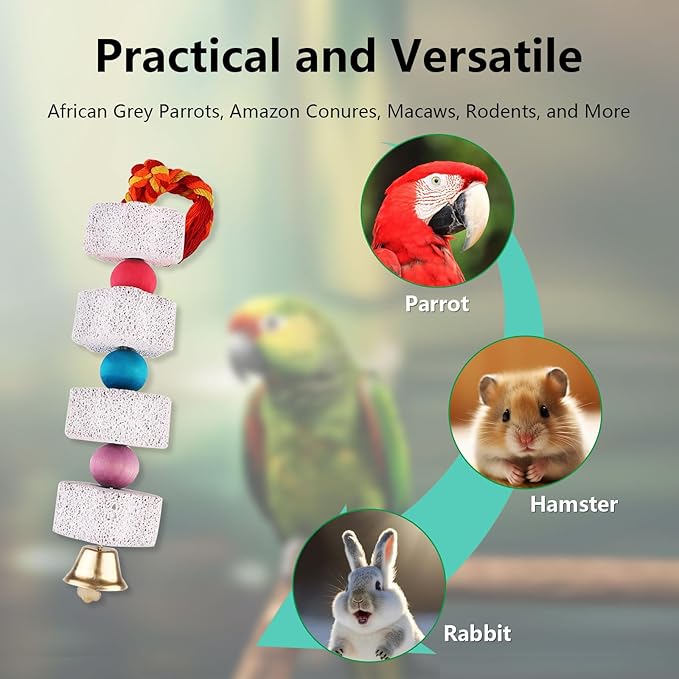 Bird Beak Grinding Stone with Bell Lava Block Calcium Supplement Food Parrot Chewing Toy for African Greys Parakeets Cockatiels Hamster Chinchilla Beak Trimming Mineral Chew for Bird Cage