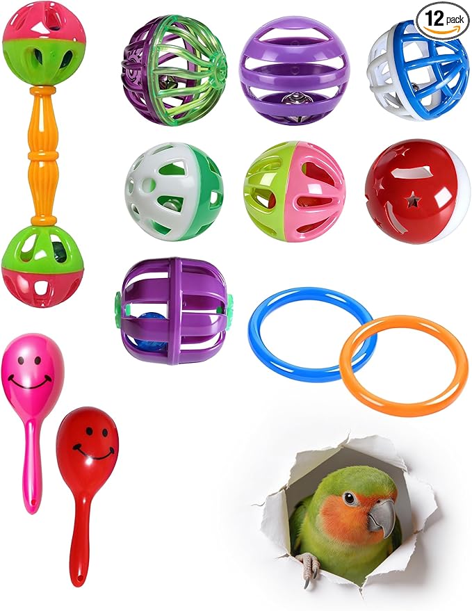12 Pack Bird Toys Safe PP Plastic Foot Toys Rattle Balls for Parrots Lovebirds Conures Finches