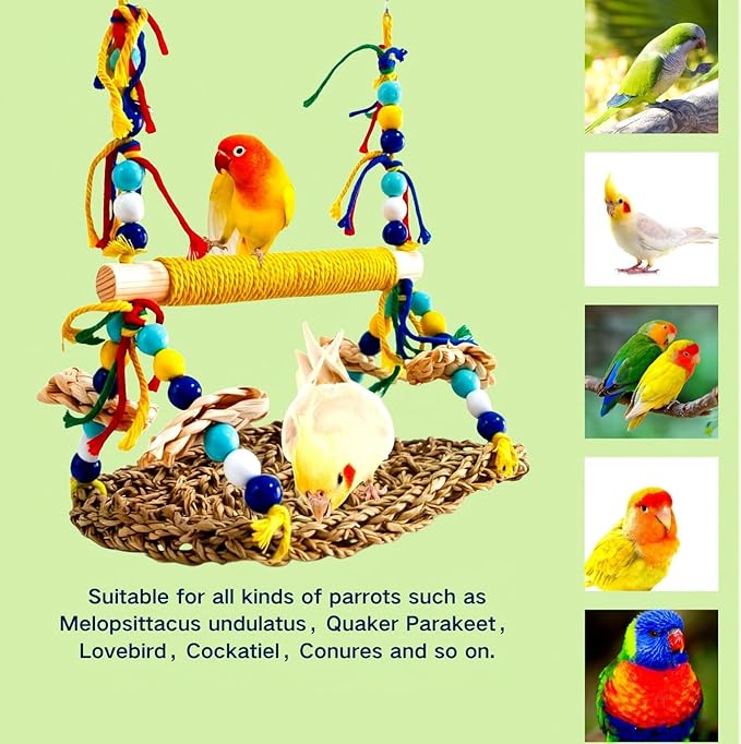 Parakeet Swing Toys,Natural Bird Grass Mat Toys Parrot Climbing Hammock with Perch Toys for Cockatiel, Sun Conure, Lovebird, Budgie