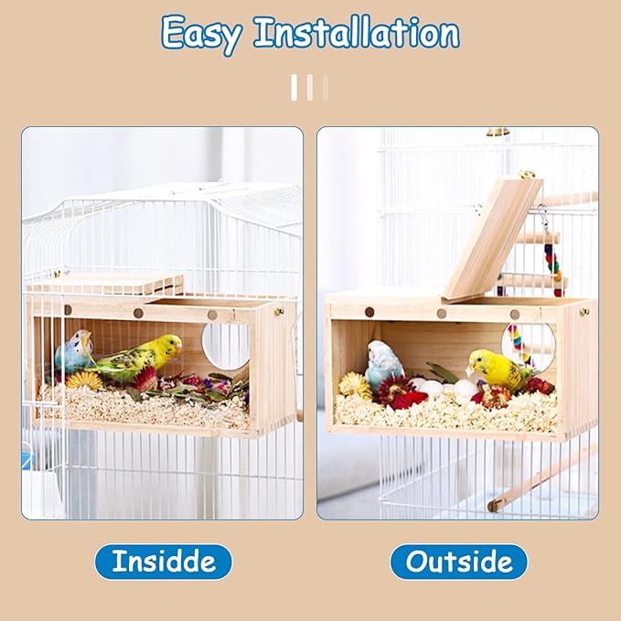BNOSDM Parakeet Nesting Box Transparent Bird Nest Breeding Box with Perch Wood Bird House for Cage Cockatiel Budgie Lovebirds Conure Finch Parrot Small to Medium Birds (S)