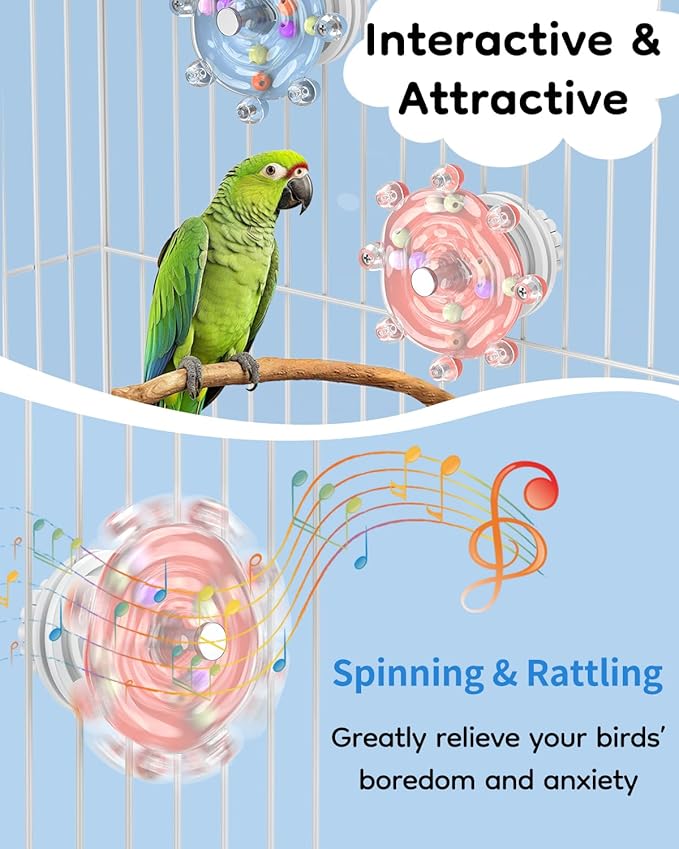 Pawfly 2 Pcs Bird Toys for Parakeets, Spinning Wheel Chew Toys, Interactive Spinner Rattle Parrot Toys, Cockatiel Toys, Bird Cage Accessories for Entertainment Chewing Exercise, Blue & Pink