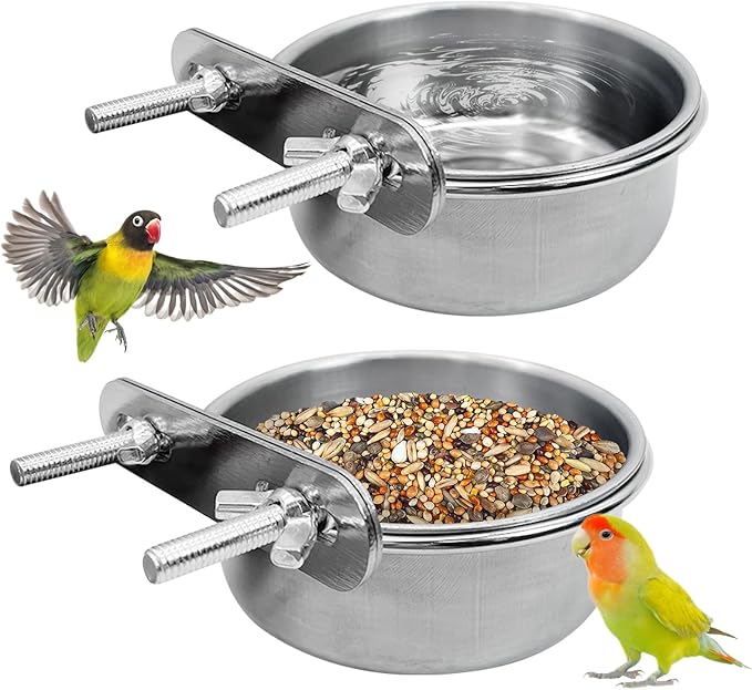 PINVNBY Stainless Steel Bird Bowl Parrot Food Water Bowls with Clamp Holder Bird Feeder Dish Cups Crate Bowls for Cockatiel Pigeons Conure Budgies African Greys (2PCS Screw Size: L)