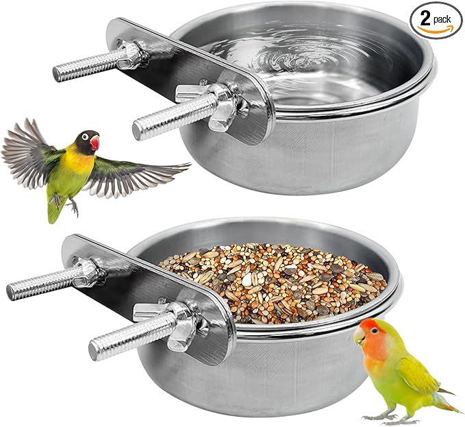 PINVNBY Stainless Steel Bird Bowl Parrot Food Water Bowls with Clamp Holder Bird Feeder Dish Cups Crate Bowls for Cockatiel Pigeons Conure Budgies African Greys (2PCS Screw Size: S)