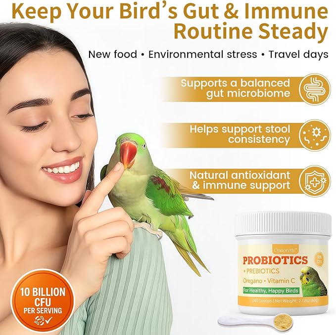 Bird Probiotic Powder for Gut Balance, Digestive & Immune Support – 10 Billion CFU Probiotic + Prebiotic with Vitamin C & Oregano – Molting & Stress Support for All Birds - Parakeet Parrot Cockatiel