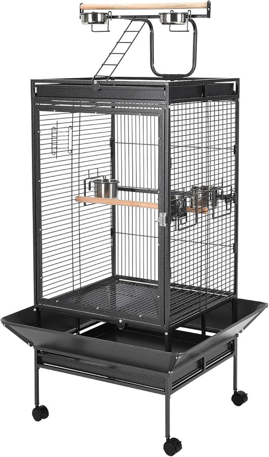 Large Metal Parrot Cage for Birds, Heavy-Duty Aviary with Acrylic Door, Perches, Stainless Steel Bowls & 360° Wheels, Secure 64.4" Tall Pet Bird Cage for Macaws Cockatoos African Greys