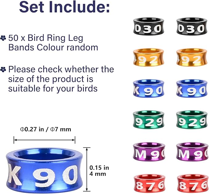 Bird Rings, Bird Bands, Bird Leg Rings, Multicolor Aluminum Leg Rings, Identification Training Rings Hibiscus Birds, Parrots, Peonies, Mixed Colors 50 Per Pack