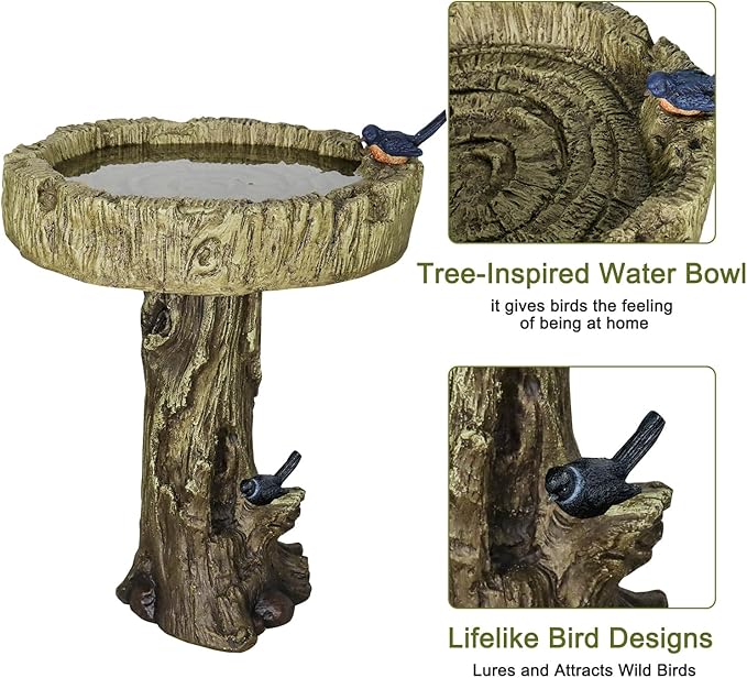 SKYFIRE Bird Baths for Outdoor - 24.4" Tall Pedestal Birdbath with Bird, Fibre Reinforced Concrete with Woodland Tree Trunk Décor Modern and Durable,Bird Bath for Outside, Garden, Patio,Lawn,Backyard
